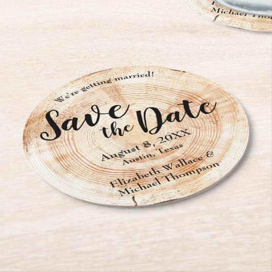 Holzschnitt ganze Namen rustikal Save the Date Runder Pappuntersetzer (Angewinkelt)