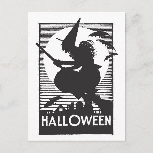Holzschnitt Halloween Hexe Postkarte (Vorderseite)