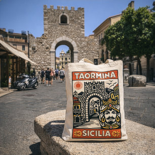 Holzschnitt Rot Gelb Taormina Sizilien Porta Messi Tragetasche