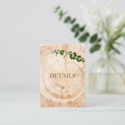 Holzschnitt-Scheiben-Grün Hochzeitsdetails QR-Code Begleitkarte (Stehend Vorderseite)