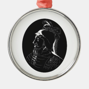 Holzschnitt Vasco Nunez de Balboa Conquistador Silbernes Ornament