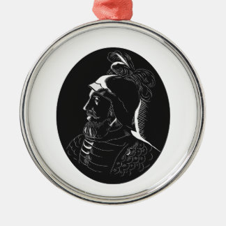 Holzschnitt Vasco Nunez de Balboa Conquistador Silbernes Ornament