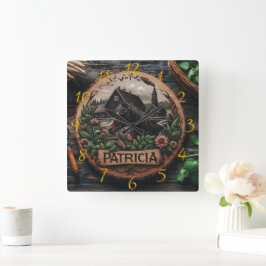 Holzschnitzerei bei Rustikalem Bauernhof Quadratische Wanduhr