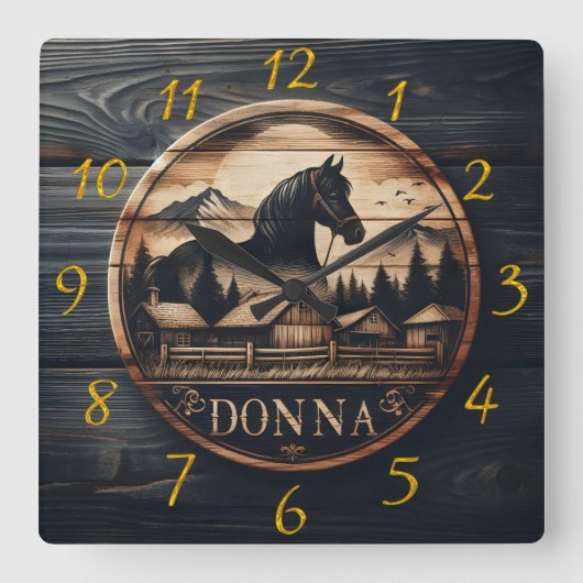 Holzschnitzerei der Pferde- und Bergwelt Quadratische Wanduhr (Vorderseite)