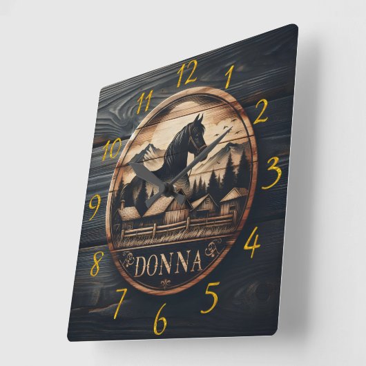 Holzschnitzerei der Pferde- und Bergwelt Quadratische Wanduhr (Winkel)