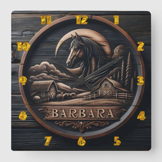 Holzschnitzerei mit Pferd- und Stalllandschaft Quadratische Wanduhr (Vorderseite)