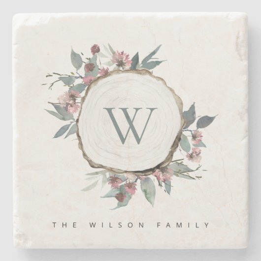 HOLZSLICE PINK BOTANISCHER MONOGRAMM FAMILIENNAME STEINUNTERSETZER (Vorderseite)