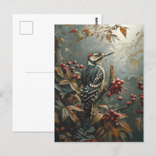 Holzspecht und Rote Beeren Postkarte