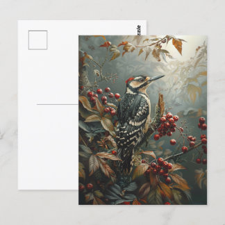 Holzspecht und Rote Beeren Postkarte