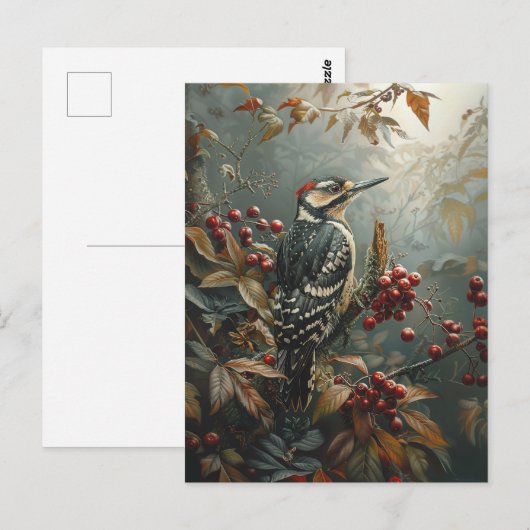 Holzspecht und Rote Beeren Postkarte (Vorne/Hinten)