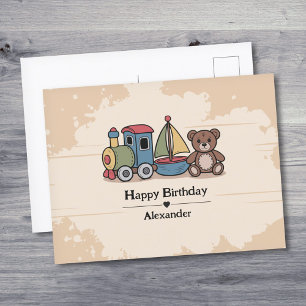 Holzspielzeug mit Zug, Segelboot und Teddybär Postkarte