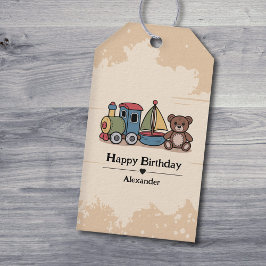 Holzspielzeuge mit Zug, Segelboot und Teddybär Geschenkanhänger