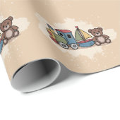 Holzspielzeuge mit Zug, Segelboot und Teddybär Geschenkpapier (Rolleneckpunkt)