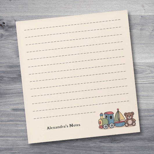 Holzspielzeuge mit Zug, Segelboot und Teddybär Notizblock