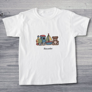 Holzspielzeuge mit Zug, Segelboot und Teddybär T-Shirt