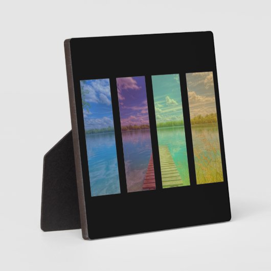 Holzsteg über eine ruhige Seenlandschaft Quadtrych Fotoplatte (Vorderseite)