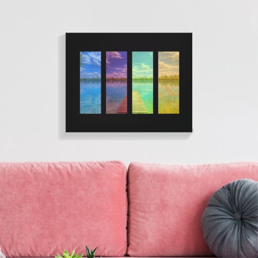 Holzsteg über eine ruhige Seenlandschaft Quadtrych Leinwanddruck (Insitu (Wohnzimmer))