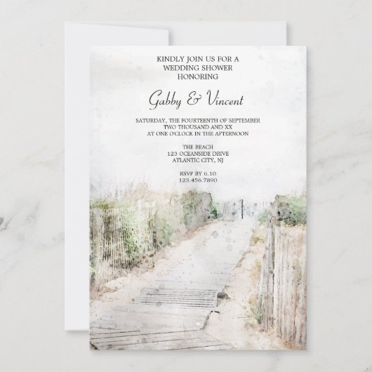 Holzsteg zur Hochzeitsdusche am Strand Einladung (Vorderseite)