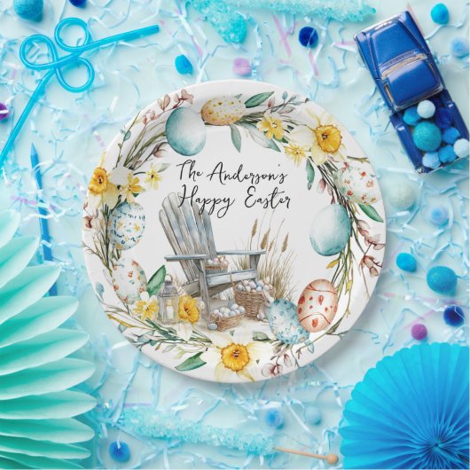 Holzstühle und Ostereier und blumengeschmückte Ost Pappteller (Party)