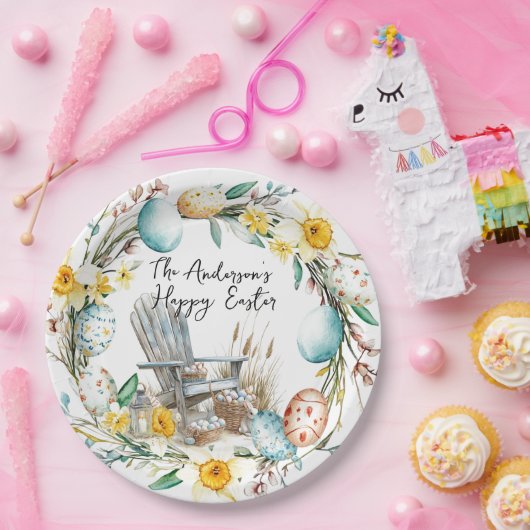 Holzstühle und Ostereier und blumengeschmückte Ost Pappteller (Party)