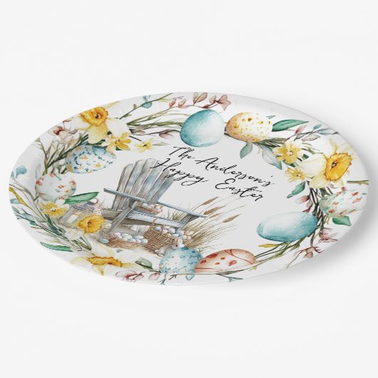 Holzstühle und Ostereier und blumengeschmückte Ost Pappteller (Schrägansicht)