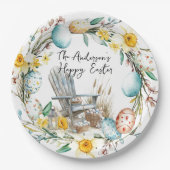 Holzstühle und Ostereier und blumengeschmückte Ost Pappteller (Vorderseite)