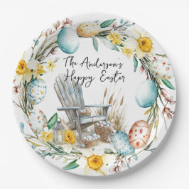 Holzstühle und Ostereier und blumengeschmückte Ost Pappteller