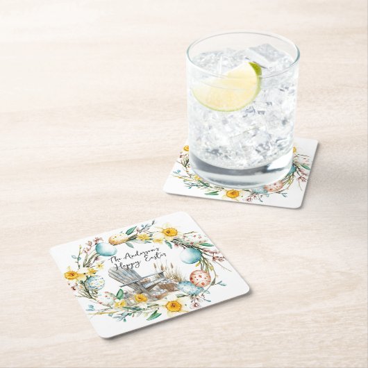 Holzstühle und Ostereier und blumengeschmückte Ost Rechteckiger Pappuntersetzer (Vor Ort)