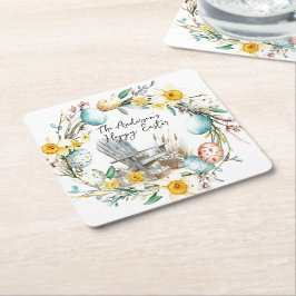 Holzstühle und Ostereier und blumengeschmückte Ost Rechteckiger Pappuntersetzer