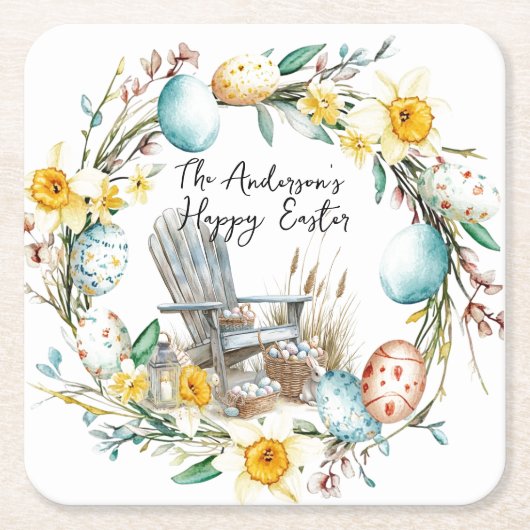 Holzstühle und Ostereier und blumengeschmückte Ost Rechteckiger Pappuntersetzer (Vorderseite)