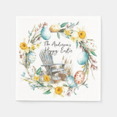 Holzstühle und Ostereier und blumengeschmückte Ost Serviette (Vorderseite)