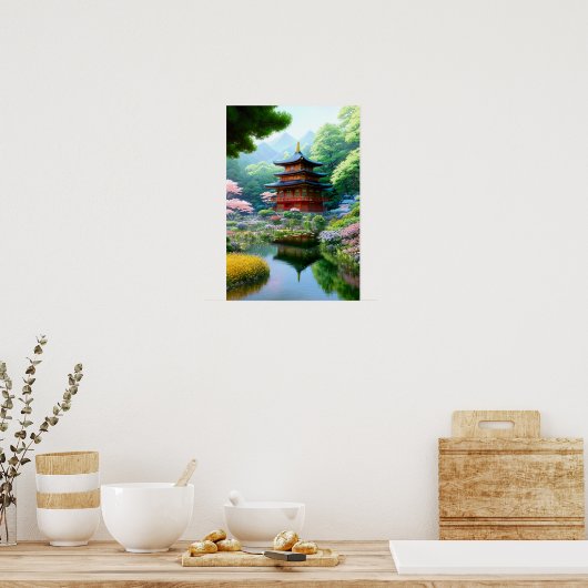 Holztempel im japanischen Garten Poster (Küche)