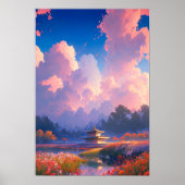 Holztempel und bunte Blüten Poster (Vorne)