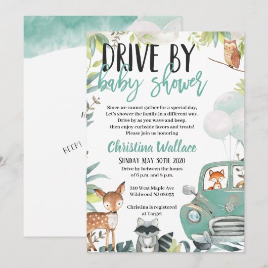 Holztiere fahren mit Kinderduscheinladungen Einladung (Vorne/Hinten)