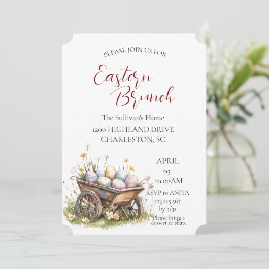 Holztrolley mit Eierspeisen Ostern Brunch Einladung (Stehend Vorderseite)