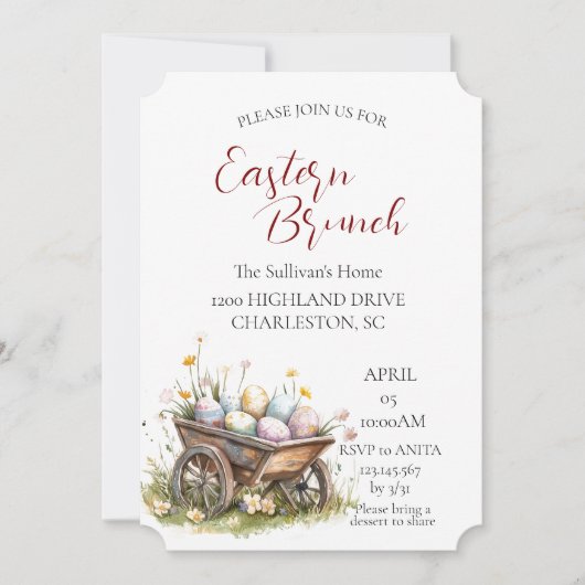 Holztrolley mit Eierspeisen Ostern Brunch Einladung (Vorderseite)