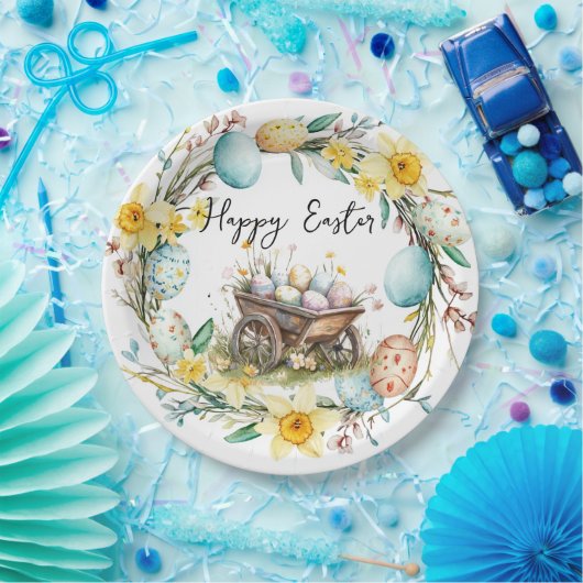 Holzwagen mit dekorativen Eiern Blumenoster Pappteller (Party)