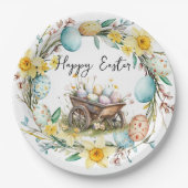 Holzwagen mit dekorativen Eiern Blumenoster Pappteller (Vorderseite)