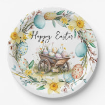 Holzwagen mit dekorativen Eiern Blumenoster