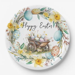 Holzwagen mit dekorativen Eiern Blumenoster Pappteller