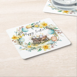 Holzwagen mit dekorativen Eiern Blumenoster Rechteckiger Pappuntersetzer