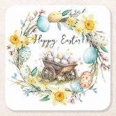 Holzwagen mit dekorativen Eiern Blumenoster Rechteckiger Pappuntersetzer (Vorderseite)