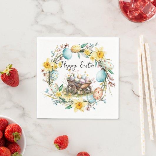 Holzwagen mit dekorativen Eiern Blumenoster Serviette (Beispiel)