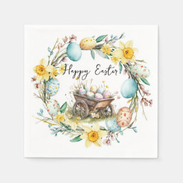 Holzwagen mit dekorativen Eiern Blumenoster Serviette