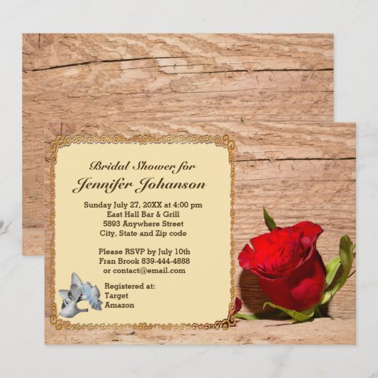 Holzwand und Rote Rose Brautdusche Einladung (Vorne/Hinten)