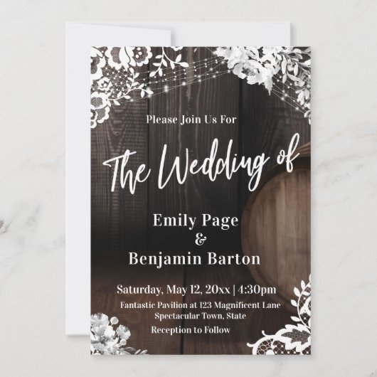 Holzweinfässer leuchten Lässig der Hochzeit von Einladung (Vorderseite)