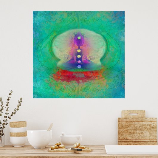 Holzyogi mit allen Chakra-Farben und Ohm Poster (Küche)