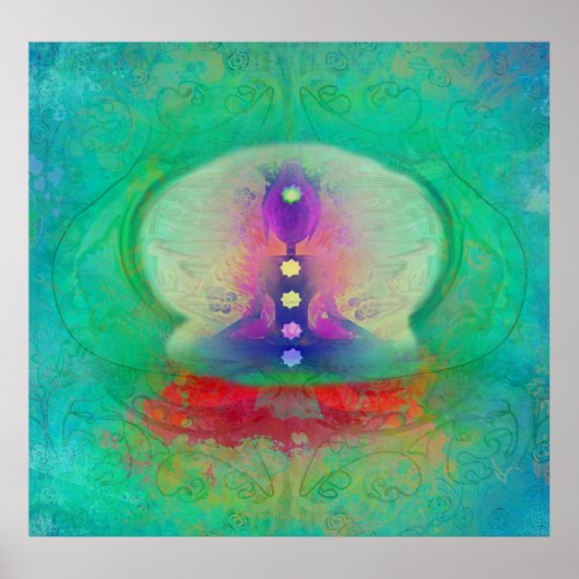 Holzyogi mit allen Chakra-Farben und Ohm Poster (Vorne)