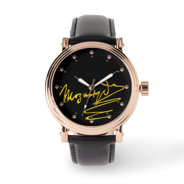 HOMAGE TO MOZART Gold Signature of Composer Black Armbanduhr (Vorderseite)