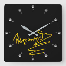 HOMAGE TO MOZART Gold Signature of Composer Black Quadratische Wanduhr